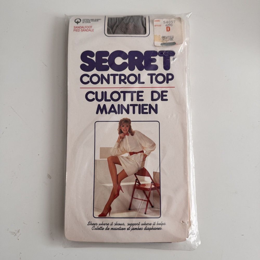 Secret Control Top Vintage 1980's Pantyhose Pewter Colour Sandalfoot Size D